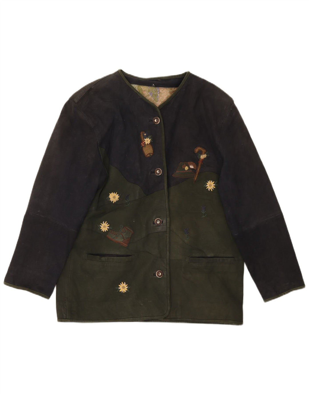 Jaqueta de couro feminina vintage EU 42 grande couro colorblock verde