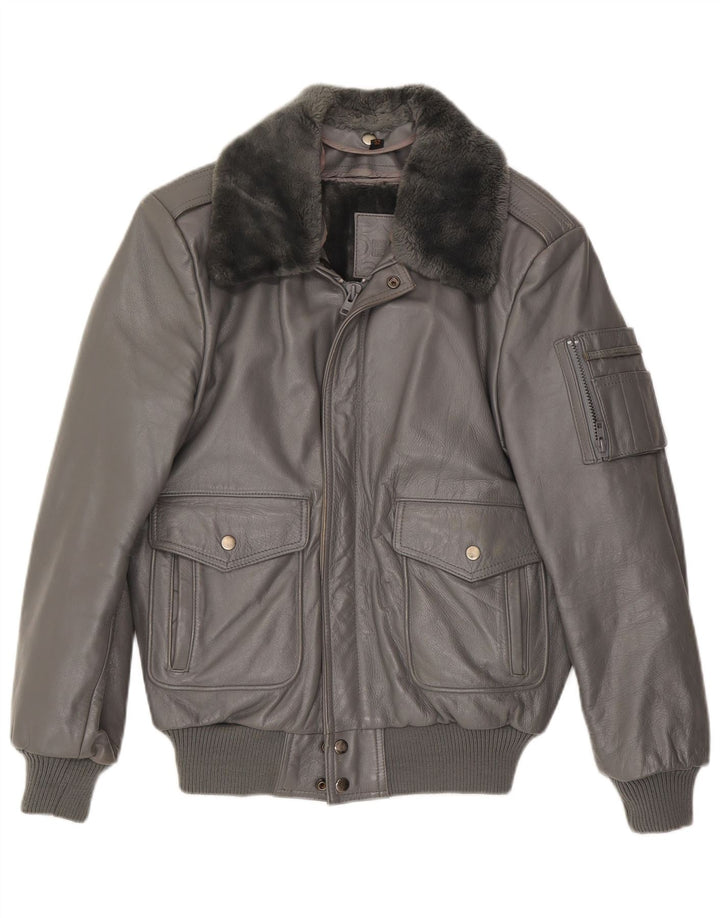 Jaqueta de couro bomber masculina vintage EU 52 XL couro cinza