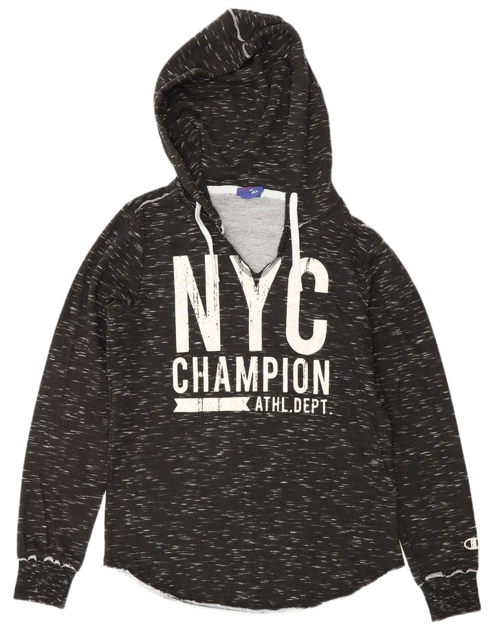 CHAMPION Suéter feminino com capuz gráfico UK 10 pequeno preto manchado
