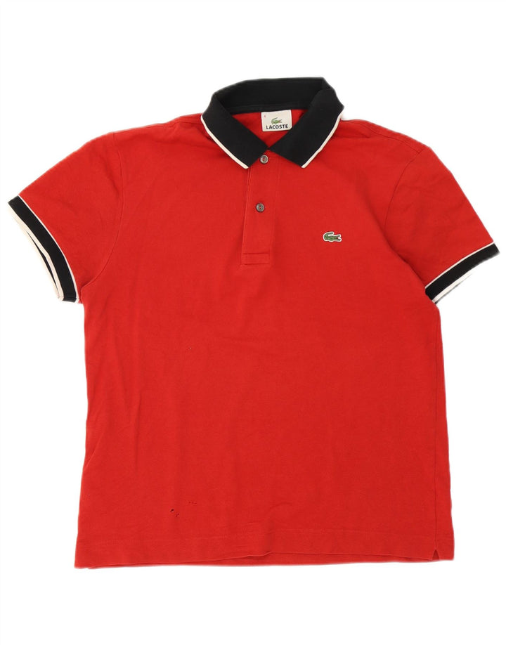 Camisa polo masculina de rugby Lacoste tamanho 4 algodão listrado vermelho médio