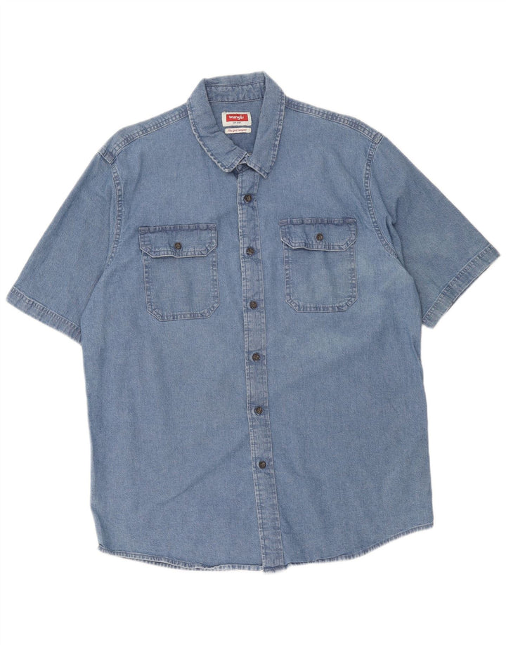 Wrangler Camisa jeans masculina de manga curta grande algodão azul