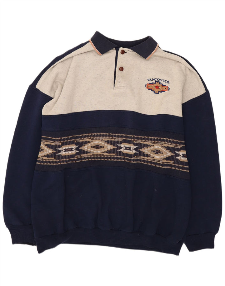 Camisola de gola polo masculina vintage Jumper XL azul marinho Colourblock poliéster