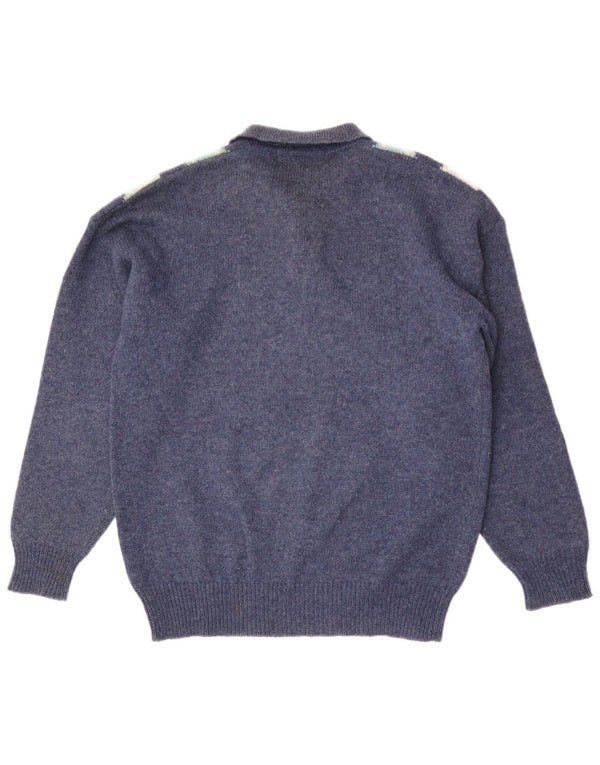 Edward Spiers Mens Polo Neck Jumper Sweater Large Navy Blue Argyle/Diamond