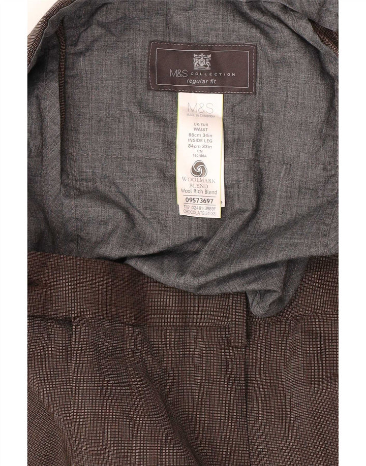 Calça masculina de ajuste regular Marks & Spencer W34 L33 xadrez marrom