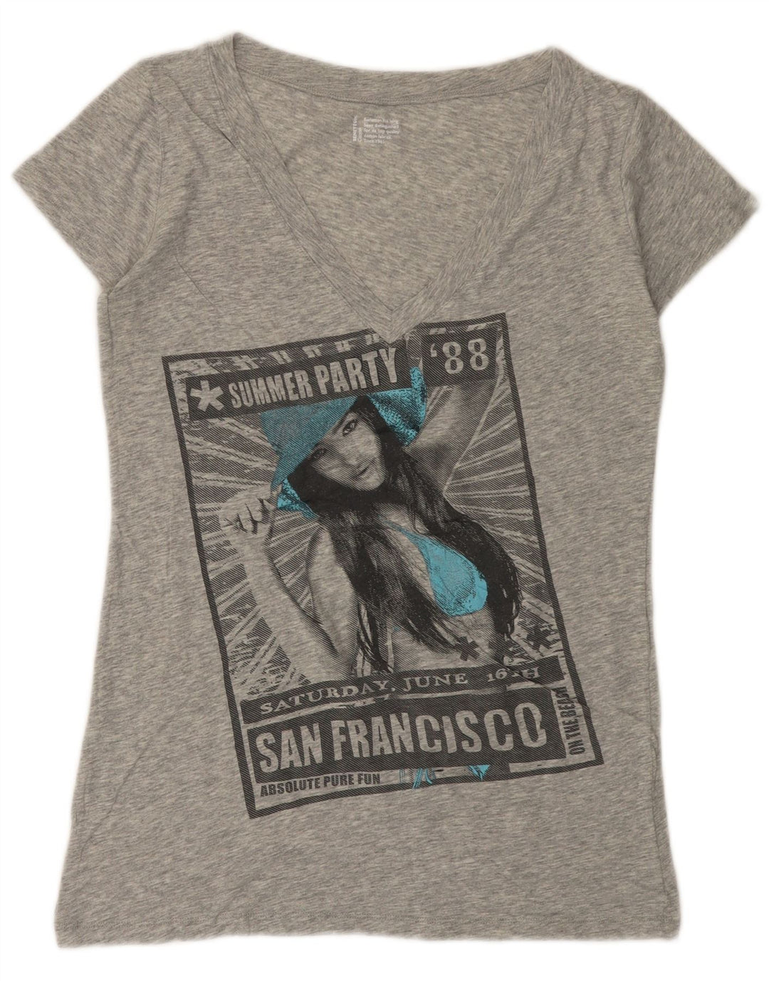 Camiseta feminina gráfica BENETTON UK 12 cinza médio manchado