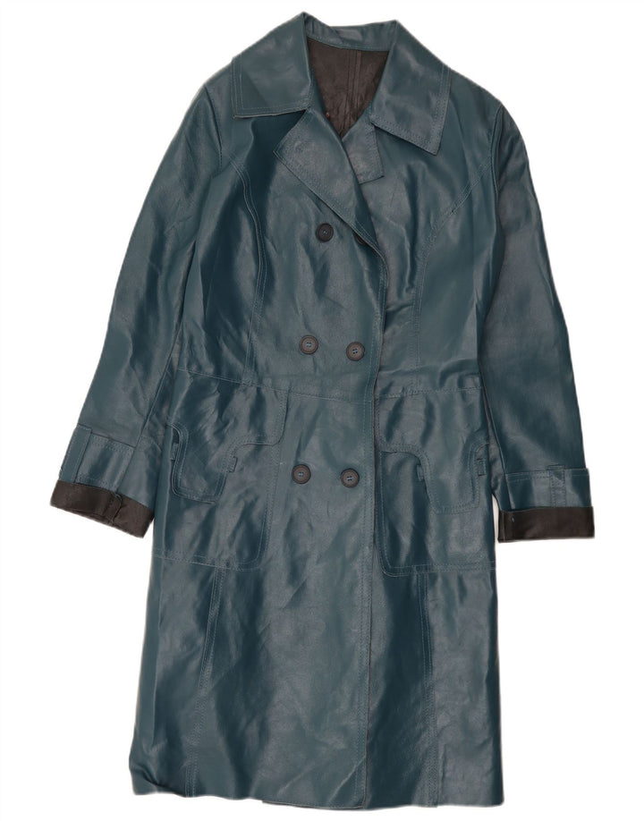 Casaco de couro feminino vintage IT 40 pequeno bloco colorido azul
