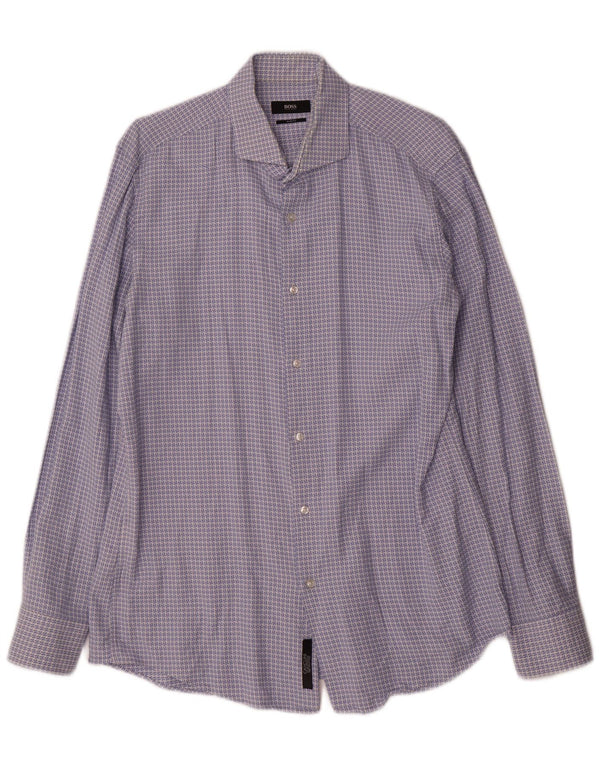 Camisa Slim Fit Masculina Hugo Boss Reino Unido 41 16 Grande Algodão Geométrico Azul