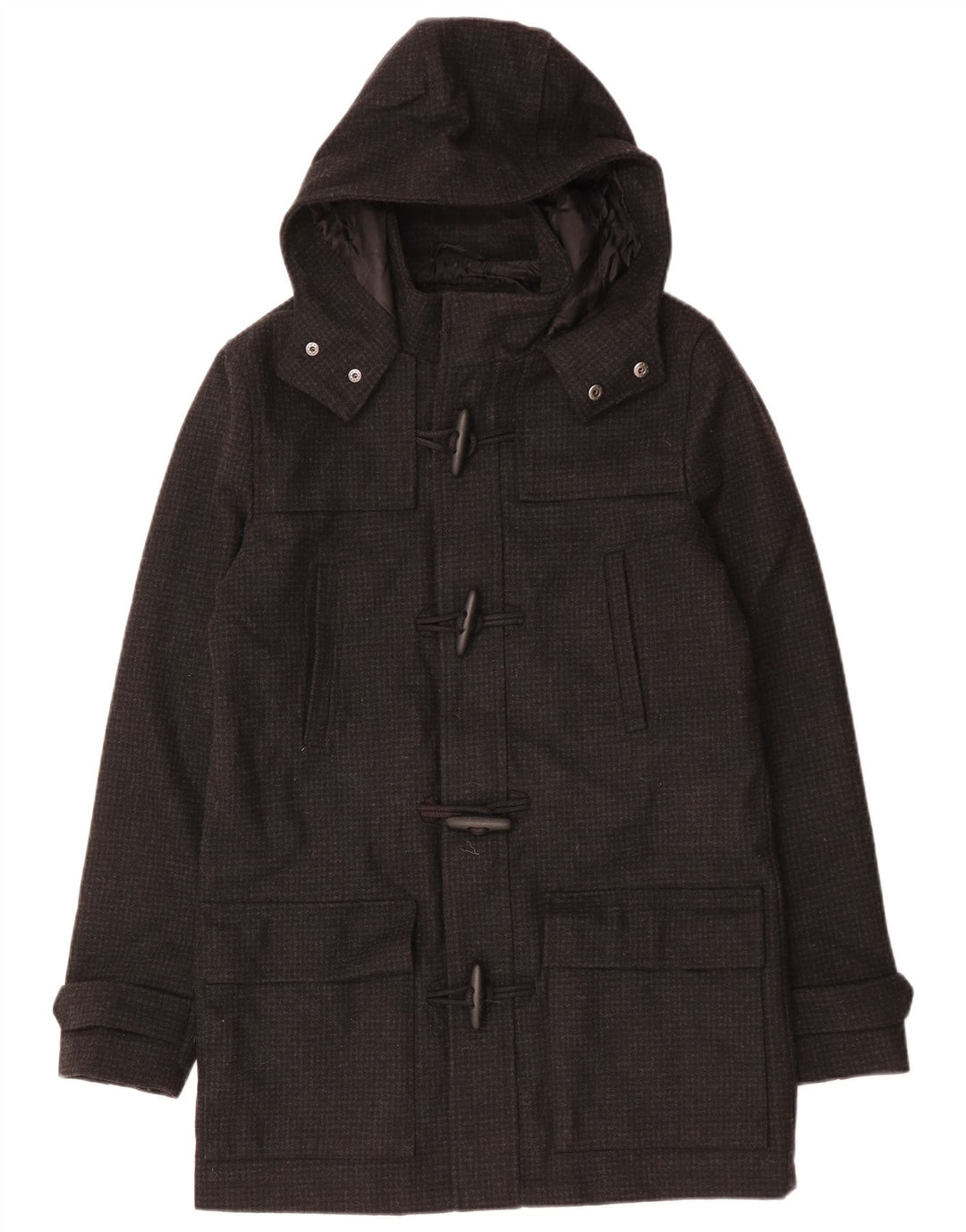 Casaco Duffle masculino VINTAGE com capuz UK 38 Houndstooth médio preto