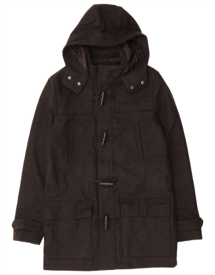 Casaco Duffle masculino VINTAGE com capuz UK 38 Houndstooth médio preto