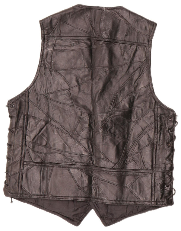 Colete de couro vintage masculino motorstyle médio preto patchwork