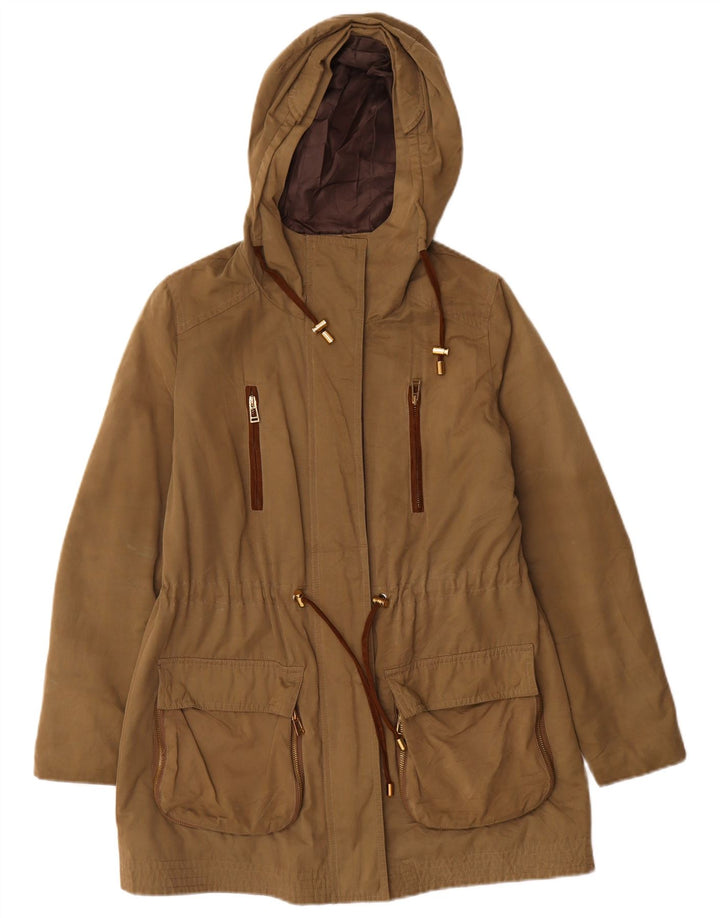 Jaqueta parka feminina com capuz Zara UK 14 poliéster cáqui médio