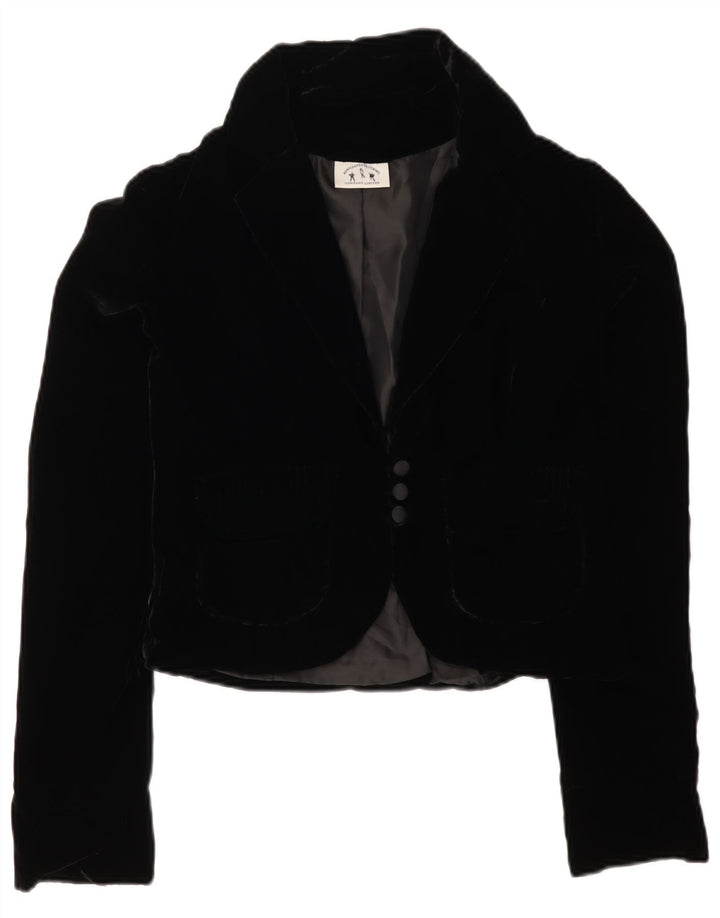 Jaqueta blazer feminina VINTAGE de veludo com 3 botões Reino Unido 12 médio preto