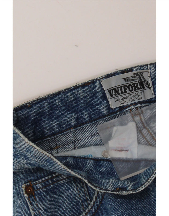 Saia jeans feminina uniforme W28 algodão azul médio