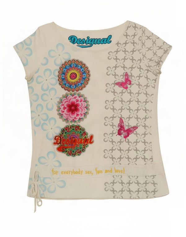 Desigual Camiseta feminina gráfica Top UK 20 2XL borboleta floral branca