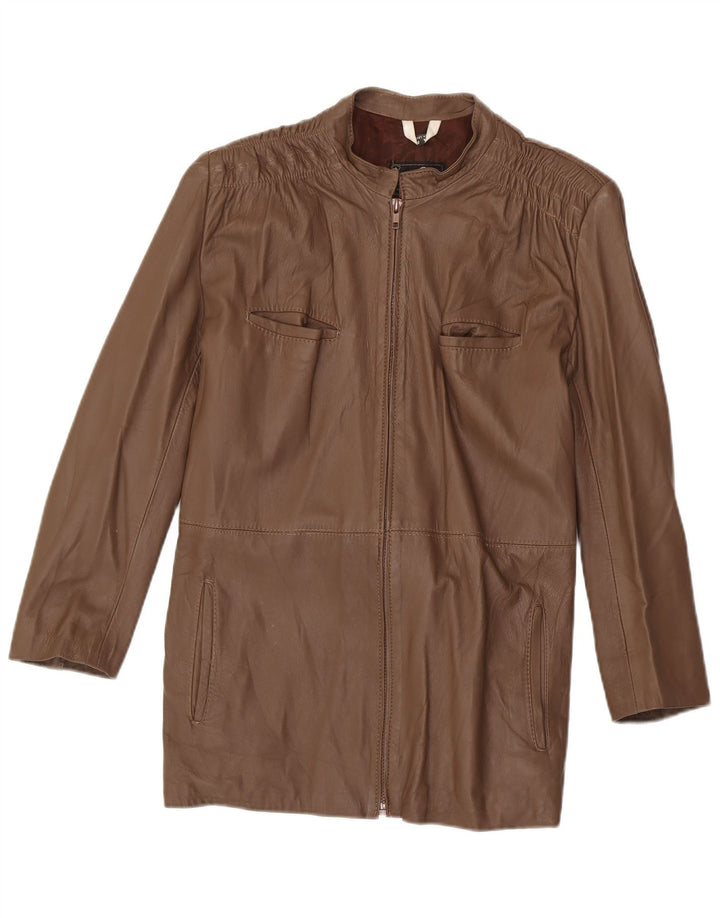 Casaco de couro feminino vintage Reino Unido 14 couro marrom médio