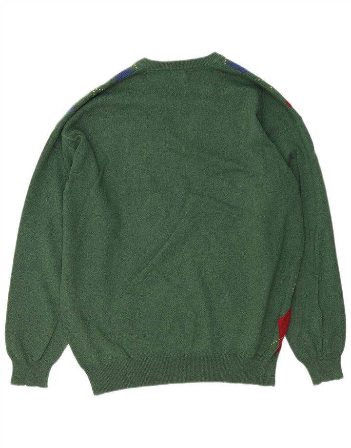 Suéter masculino BENETTON com decote em V verde médio Argyle/lã diamante