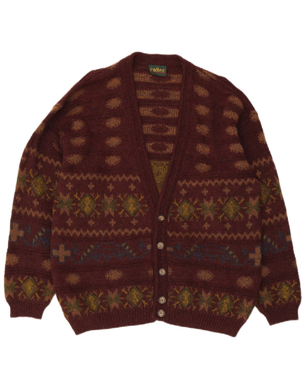 Suéter cardigã masculino vintage IT 50 marrom médio lã de alpaca Fair Isle