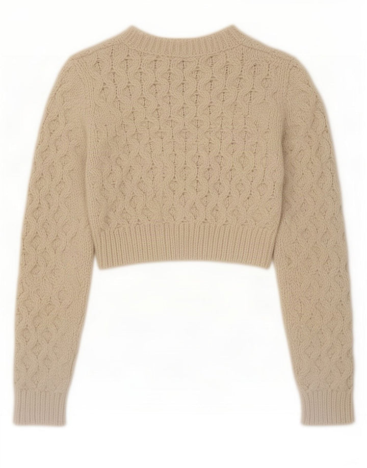 Zara Suéter feminino cropped com gola redonda Reino Unido 12 poliéster bege médio