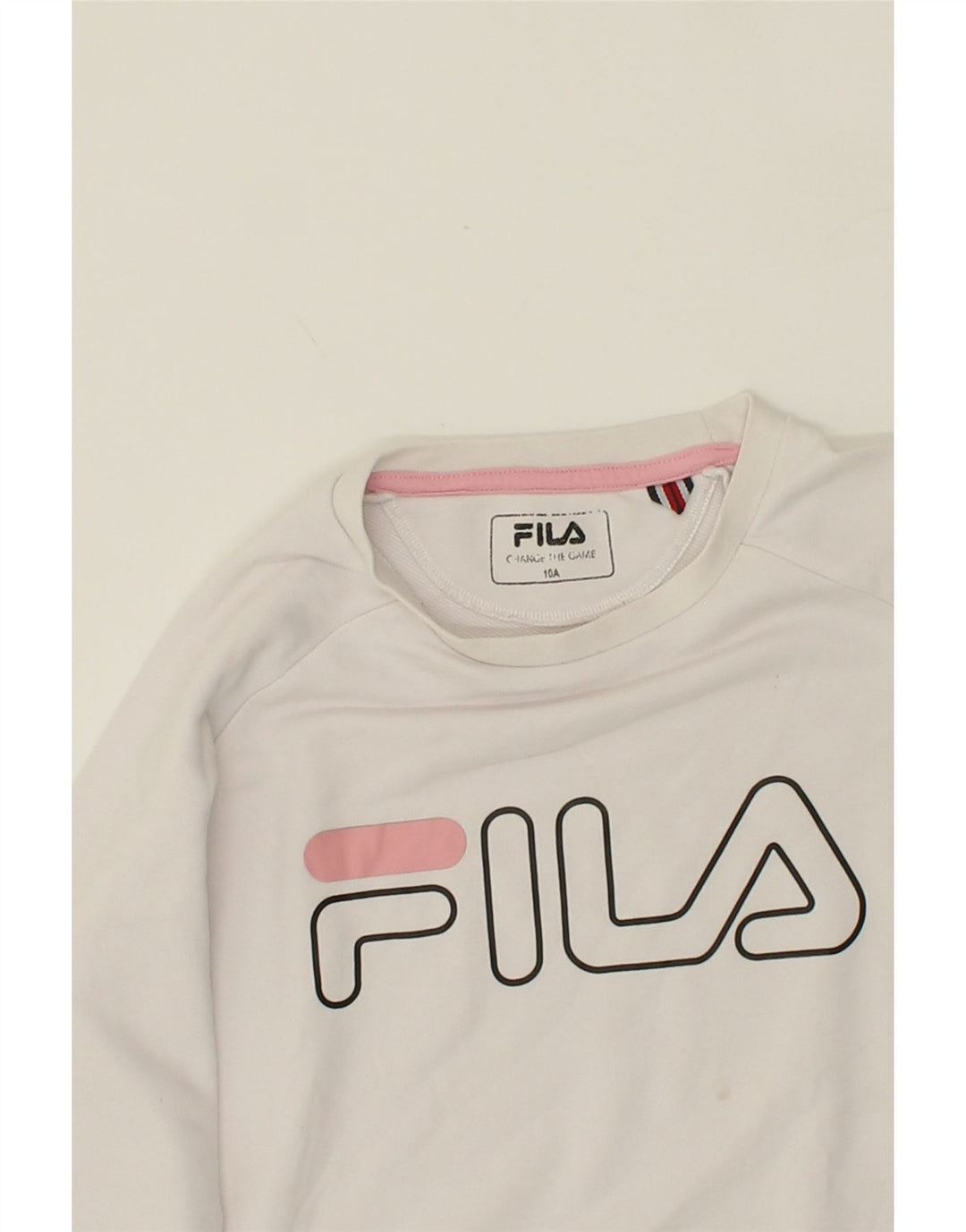 FILA Girls Graphic Sweatshirt Jumper 9-10 Years White Cotton Vintage Fila and Second-Hand Fila from Messina Hembry 