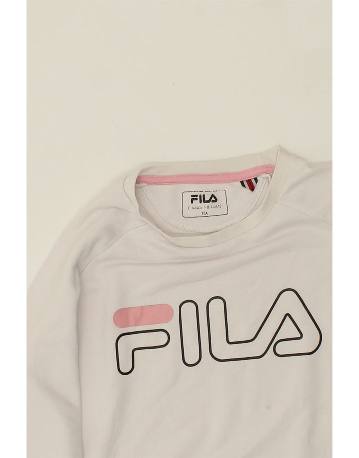 FILA Girls Graphic Sweatshirt Jumper 9-10 Years White Cotton Vintage Fila and Second-Hand Fila from Messina Hembry 