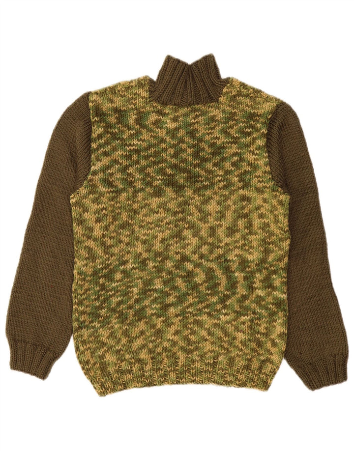 Suéter feminino vintage com gola redonda e botão UK 14 bloco colorido cáqui médio