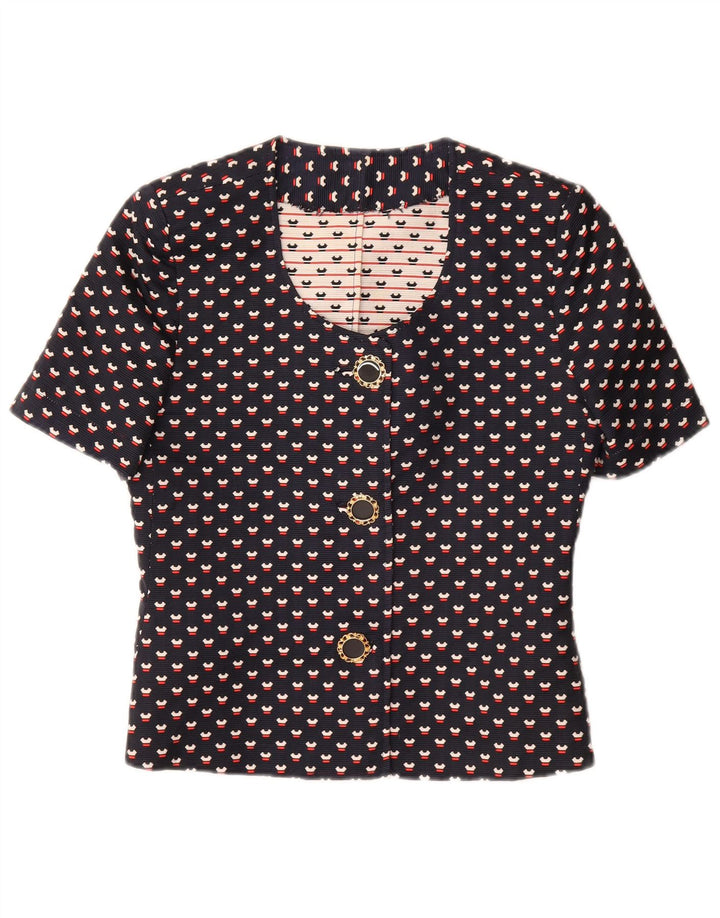 Conjunto feminino VINTAGE de 3 botões e 2 peças Reino Unido 12 médio azul marinho manchado