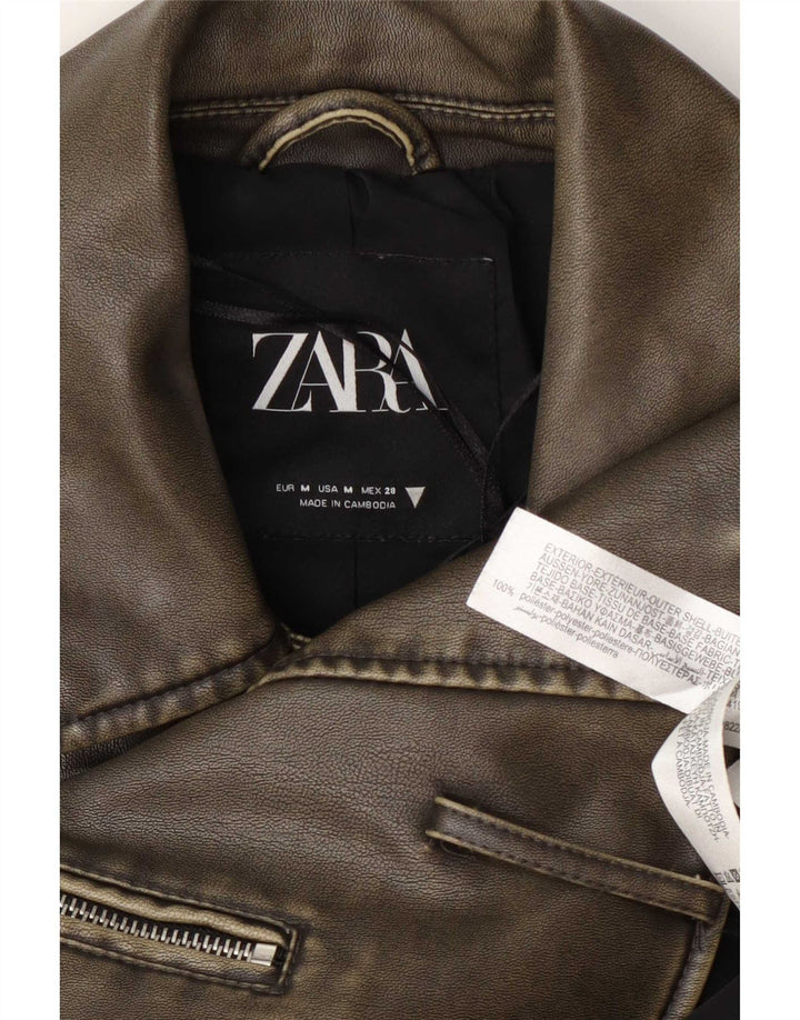 Jaqueta feminina de couro sintético Zara para motociclista UK 14 poliéster cáqui médio