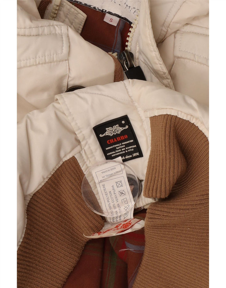 Jaqueta masculina acolchoada com capuz gráfico Charro UK 36 poliéster branco pequeno