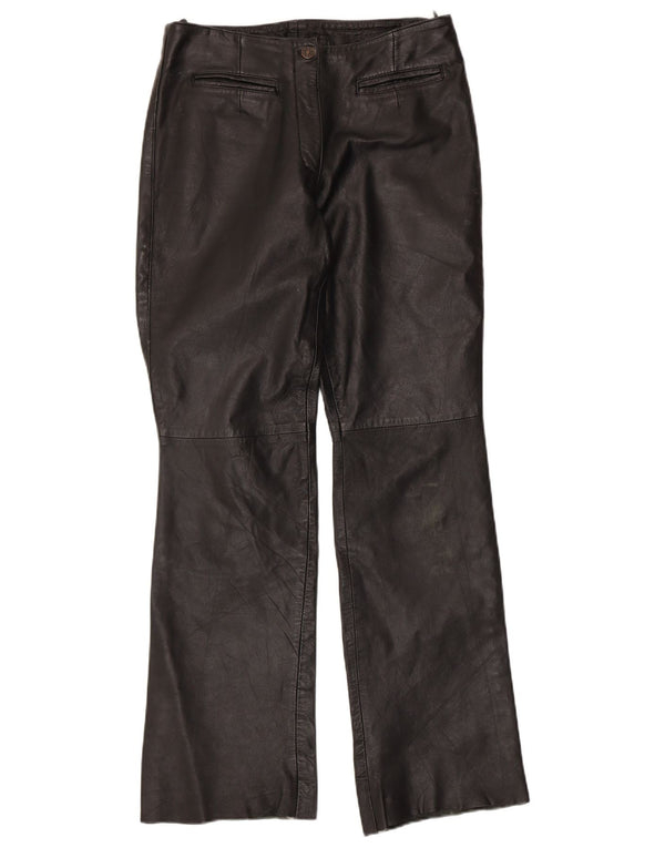 Calça feminina de couro bootcut VINTAGE Reino Unido 12 médio W30 L32 preta