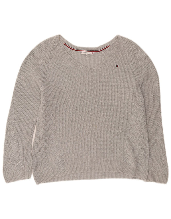 Suéter feminino Tommy Hilfiger com decote em V UK 14 cinza médio