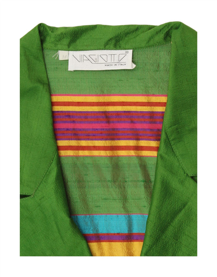 Cardigã feminino VINTAGE de manga curta UK 12 listrado verde médio retrô