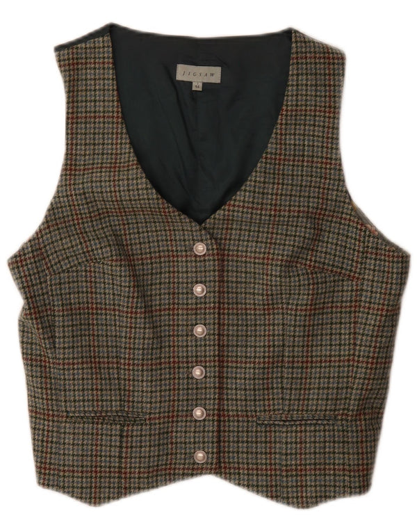 Colete feminino Jigsaw UK 14 médio verde houndstooth lã clássico