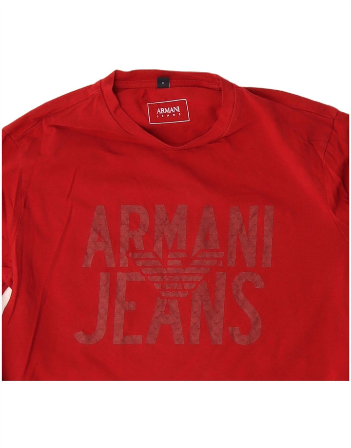 ARMANI JEANS Top gráfico feminino manga comprida Reino Unido 12 algodão vermelho médio