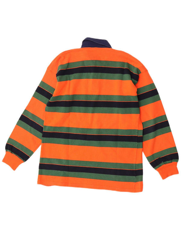 Camisa polo masculina vintage de manga comprida com listras laranja pequena