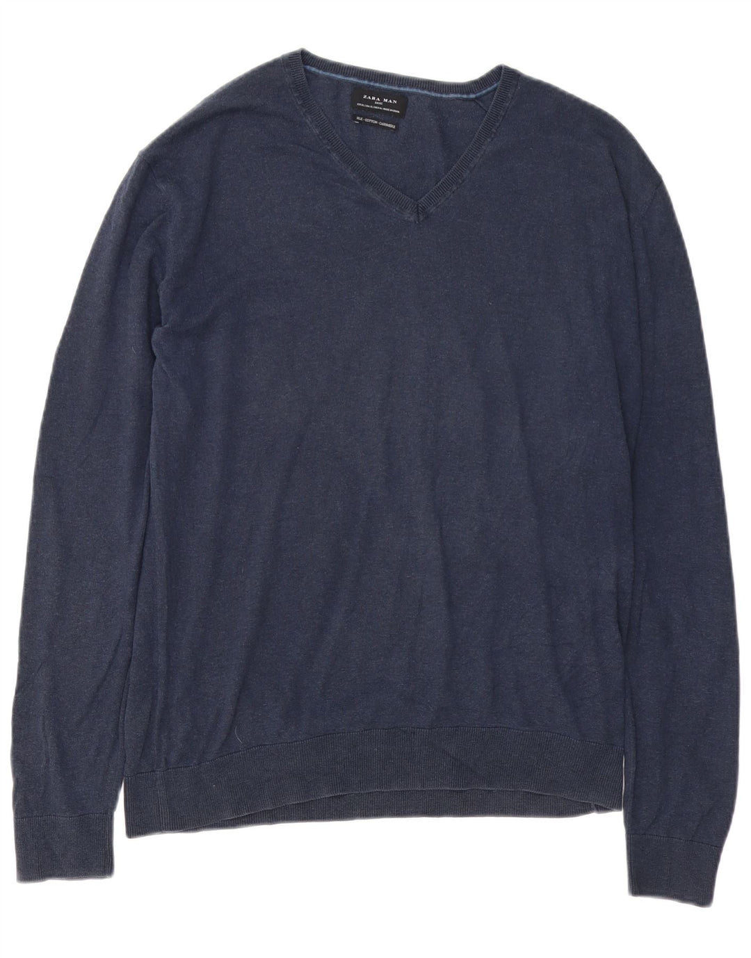 Zara Suéter masculino com decote em V XL azul marinho algodão