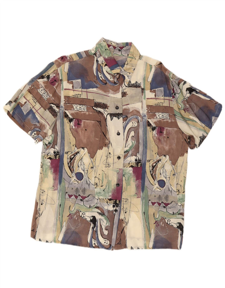 Camisa feminina vintage de manga curta com padrão abstrato grande multicolorida