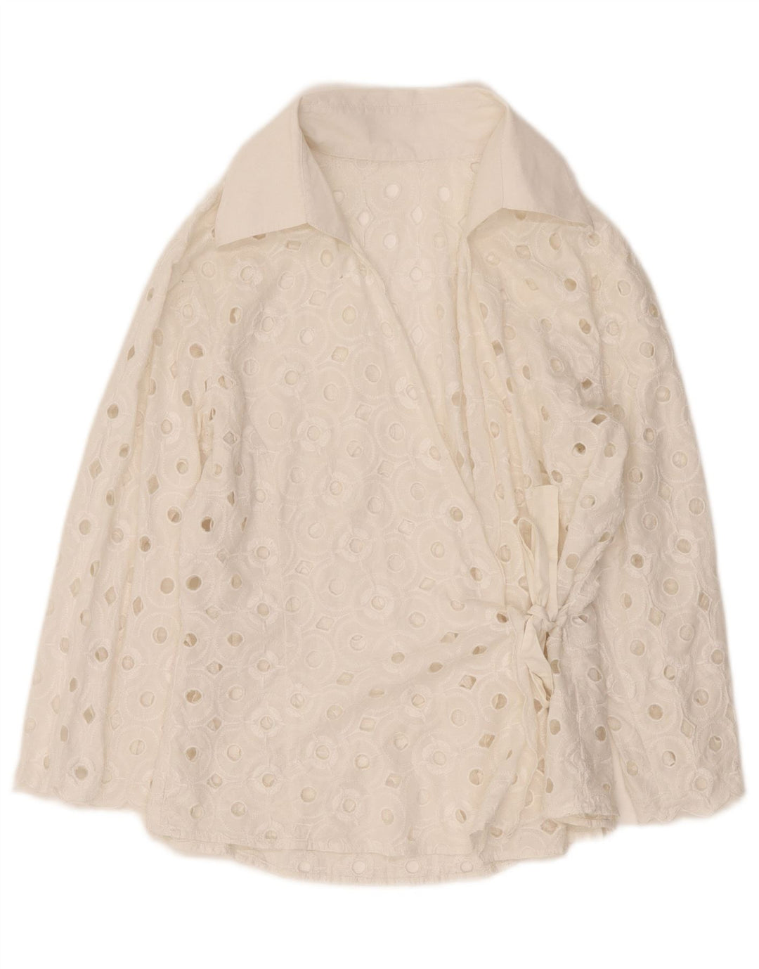 Blusa feminina vintage transparente com camisa envoltória Reino Unido 14 médio branco