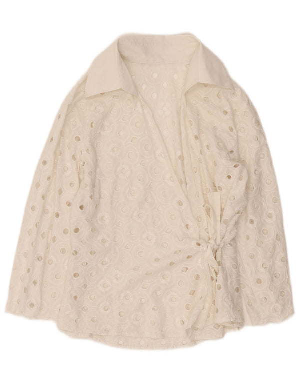 Blusa feminina vintage transparente com camisa envoltória Reino Unido 14 médio branco