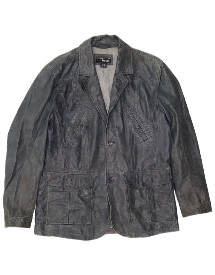 Jaqueta blazer masculina de couro com 2 botões Heine Reino Unido 42 XL couro azul marinho