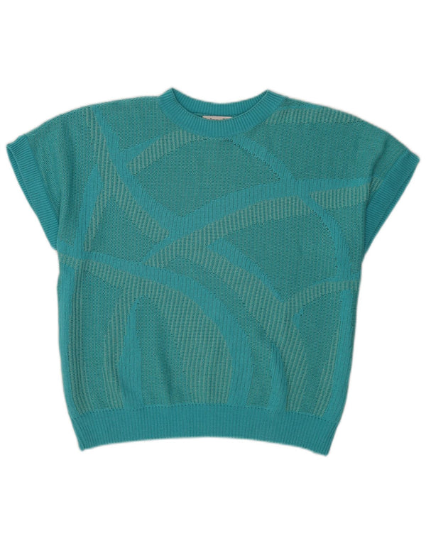 Blusa feminina vintage de malha de manga curta top IT 46 grande turquesa geométrica