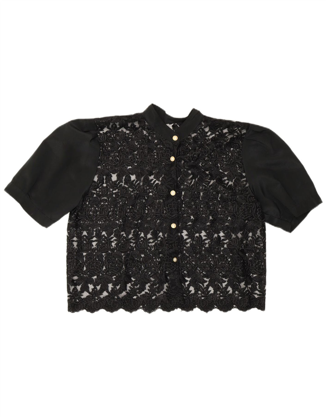 Blusa feminina vintage transparente com camisa UK 14 médio preto floral