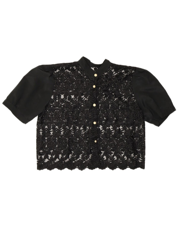 Blusa feminina vintage transparente com camisa UK 14 médio preto floral