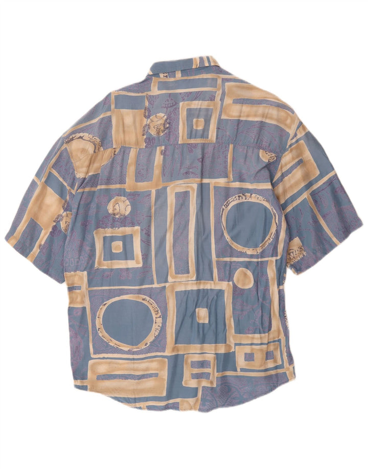 Camisa masculina vintage de manga curta viscose geométrica azul média