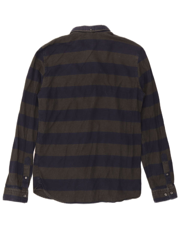 Camisa masculina de flanela fina French Connection pequena listrada azul marinho de algodão