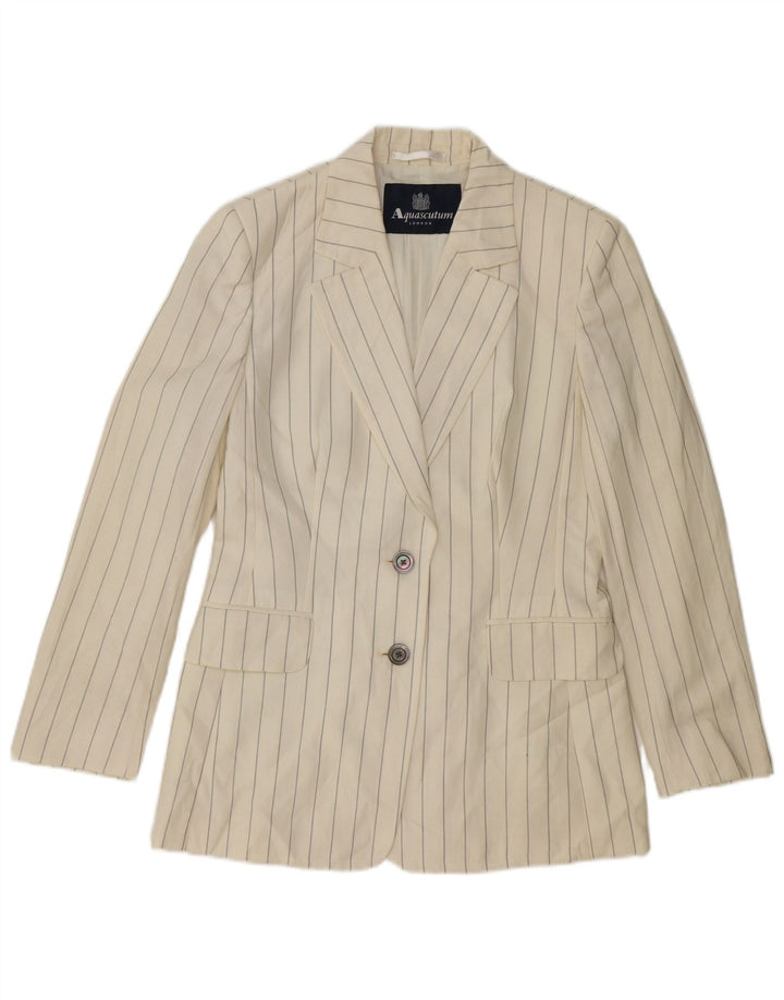 Jaqueta blazer feminina AQUASCUTUM com 2 botões Reino Unido 10 pequena lã listrada branca
