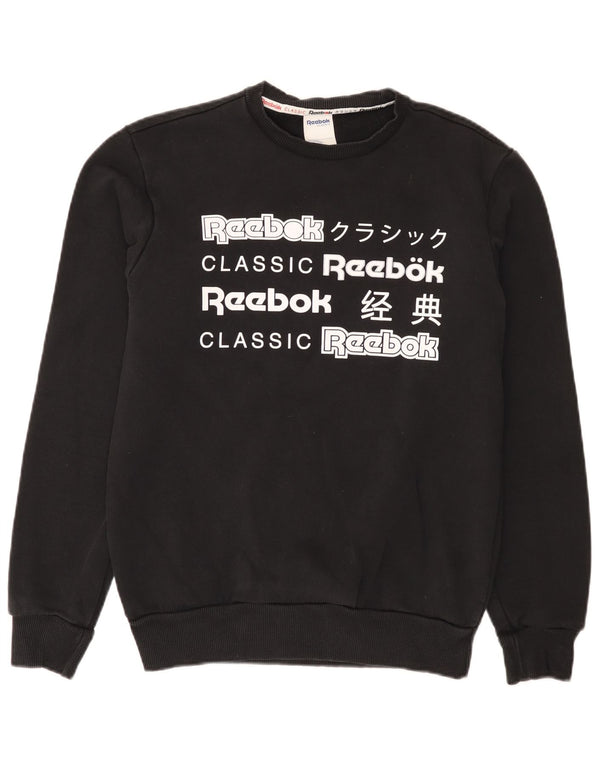 Reebok Mens Graphic Moletom Jumper Pequeno Algodão Preto