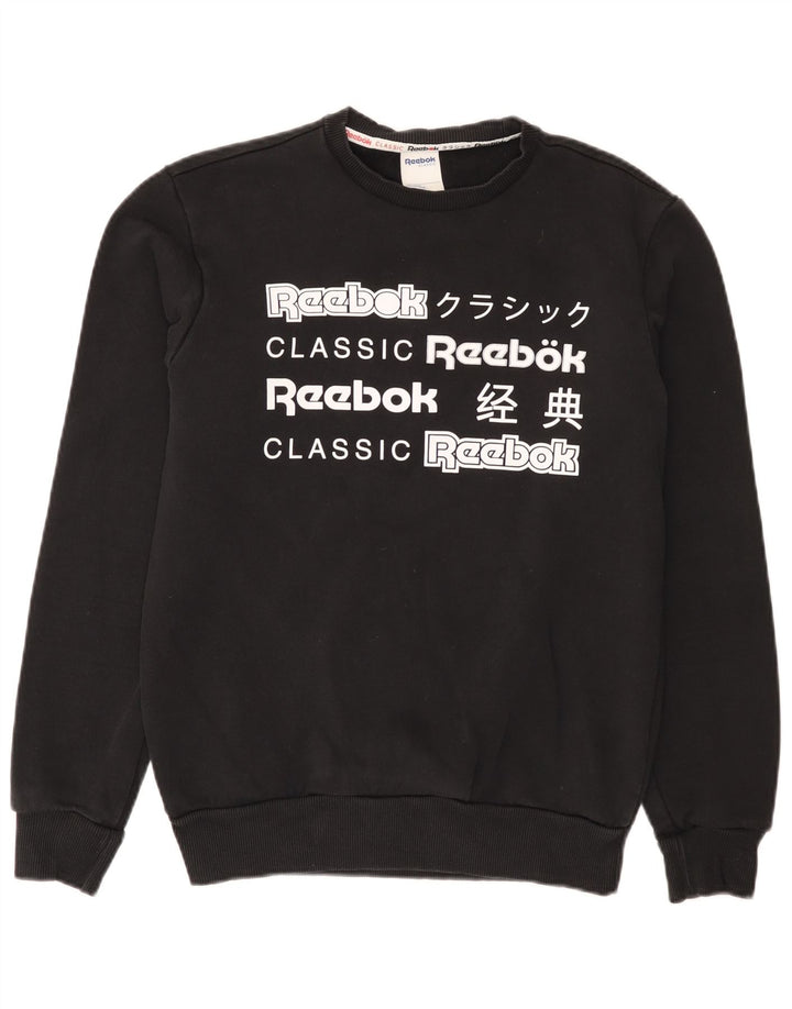 Reebok Mens Graphic Moletom Jumper Pequeno Algodão Preto