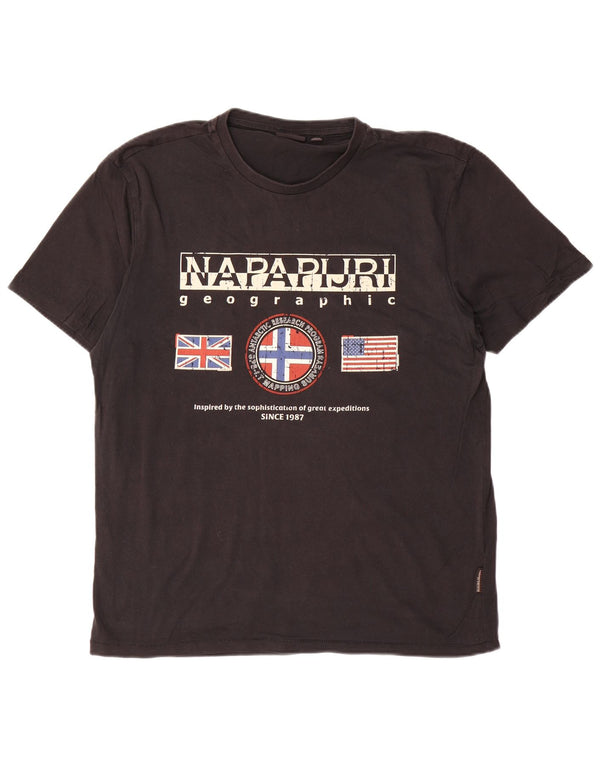 NAPAPIJRI Mens Geographic Graphic T-Shirt Top Large Black Cotton
