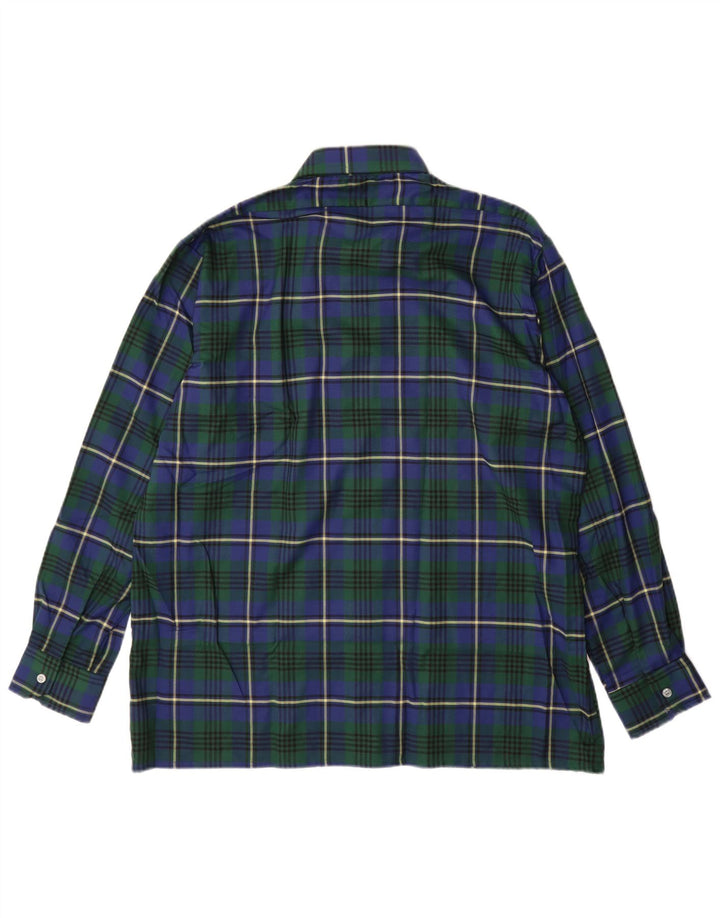 Camisa de flanela masculina vintage tamanho 43 XL poliéster xadrez azul