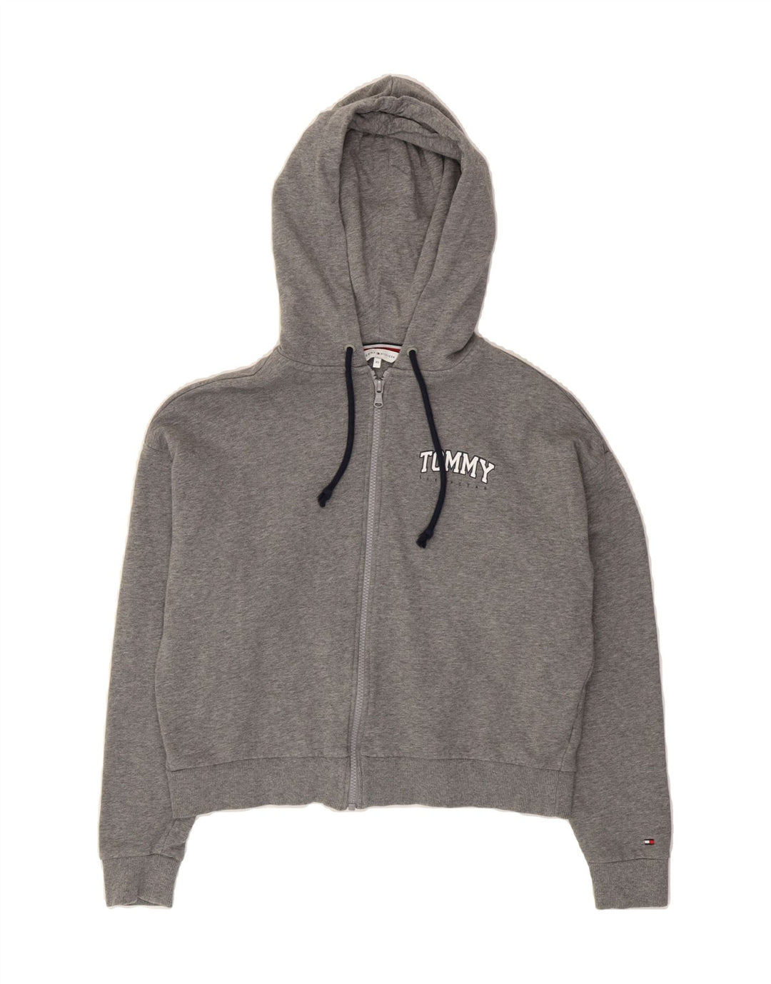 TOMMY HILFIGER Womens Crop Oversized Zip Hoodie Sweater UK 6 XS Grey Vintage Tommy Hilfiger and Second-Hand Tommy Hilfiger from Messina Hembry 